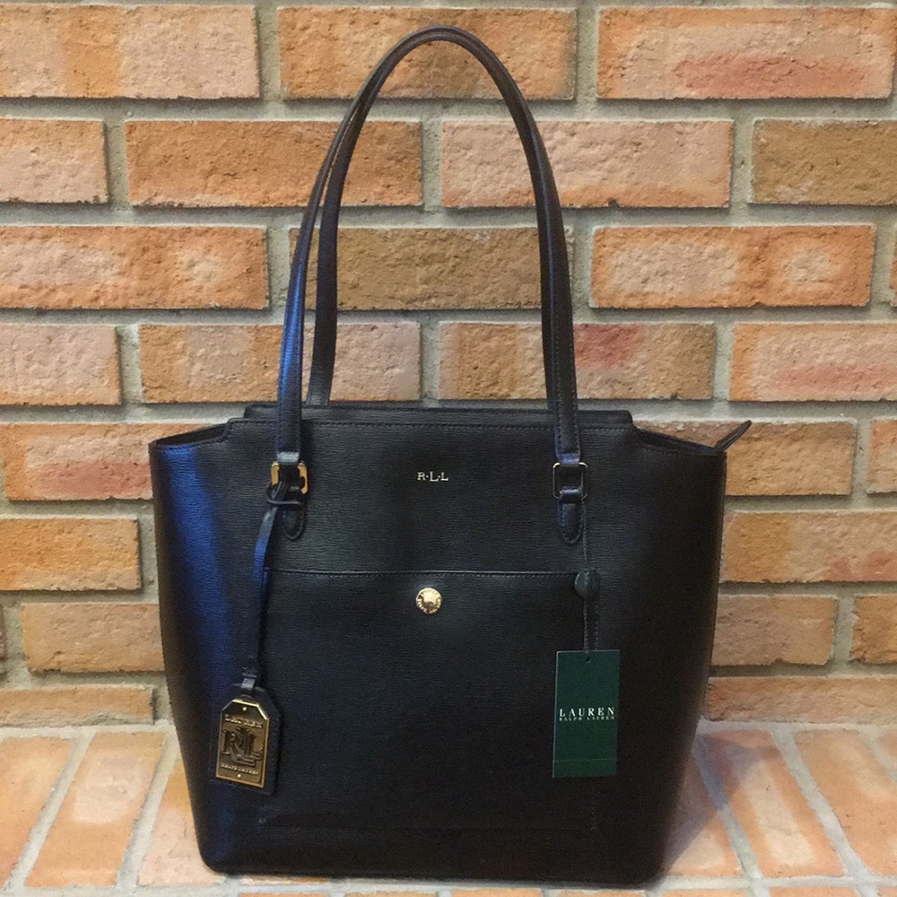 New! Lauren Ralph Lauren Newbury Modern Pocket Black Leather Tote